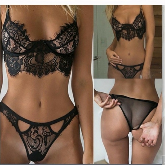 New Sexy Floral Lace Bra Panty Lingerie Set Black - Picture 4 of 5